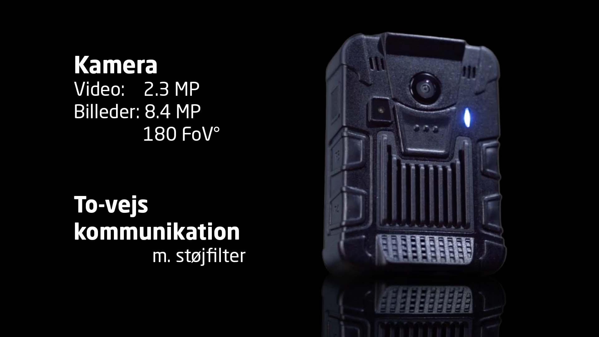 Billede af body cam med specifikationer vedr. lyd og billede